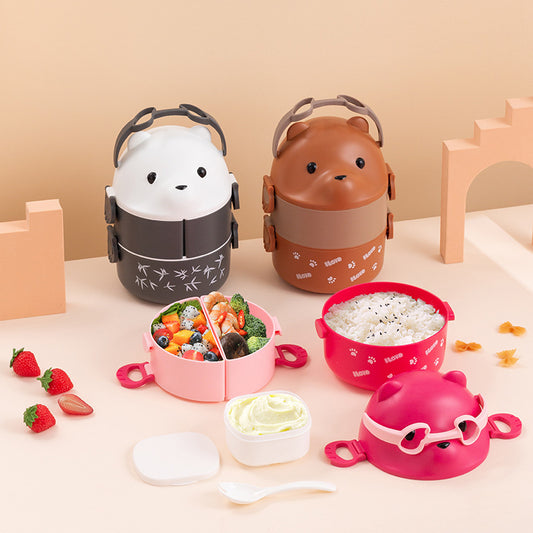 Glasses Bear Double-layer Portable Lunch Box Separated Layered Office Workers&#039; Lunch Box Japanese-style Student Lunch Box Large Capacity With Spoon
