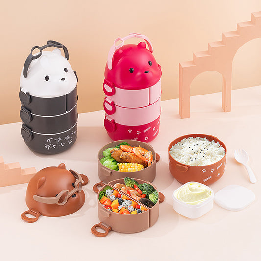 Glasses Bear Double-layer Portable Lunch Box Separated Layered Office Workers&#039; Lunch Box Japanese-style Student Lunch Box Large Capacity With Spoon